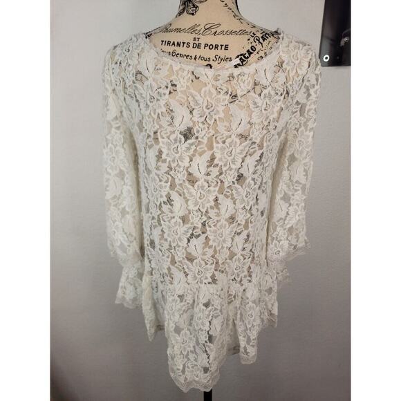 Free People SZ S Lace Sheer Top 3/4 Sleeve Ruffled Crochet White Oversize Boxy - Picture 5 of 9